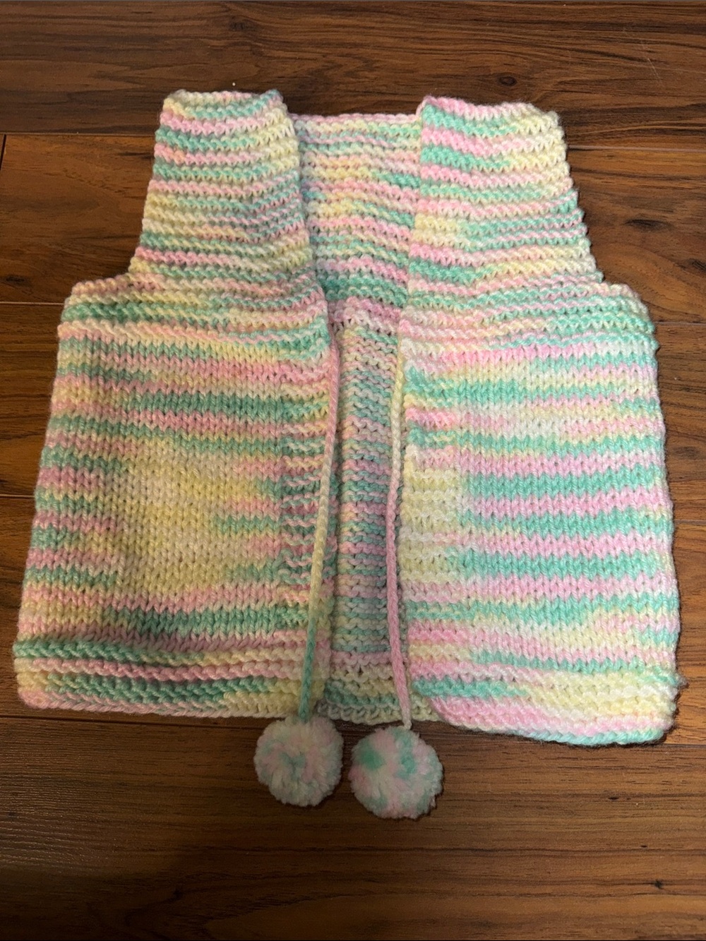 3T curls vintage Hand-Knit Pastel Stripe Kids Vest with Pom-Pom Ties